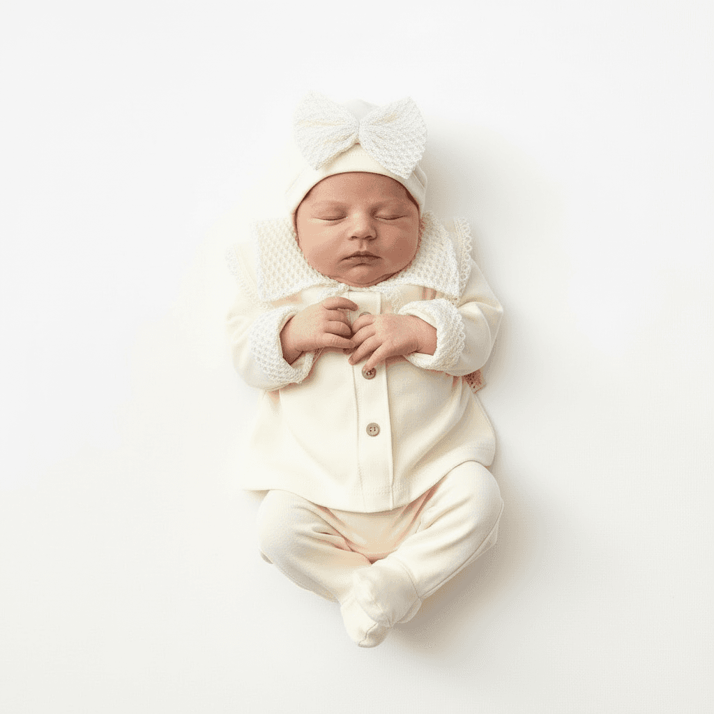 Kız Bebek Organik Pamuklu Uzun Kollu İşlemeli 5'li Set Krem