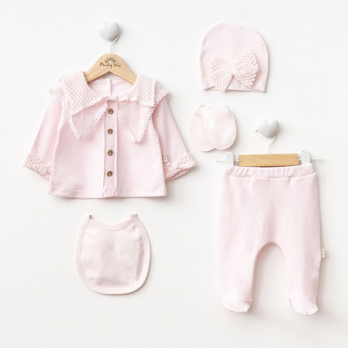 Kız Bebek Organik Pamuklu Uzun Kollu İşlemeli 5'li Set Pembe